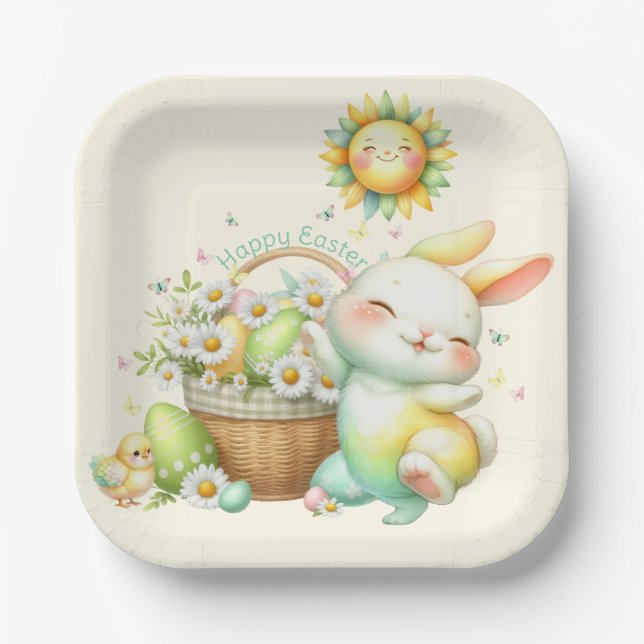 Plato De Papel Conejo de Pascua personalizado con acuarela (Anverso)
