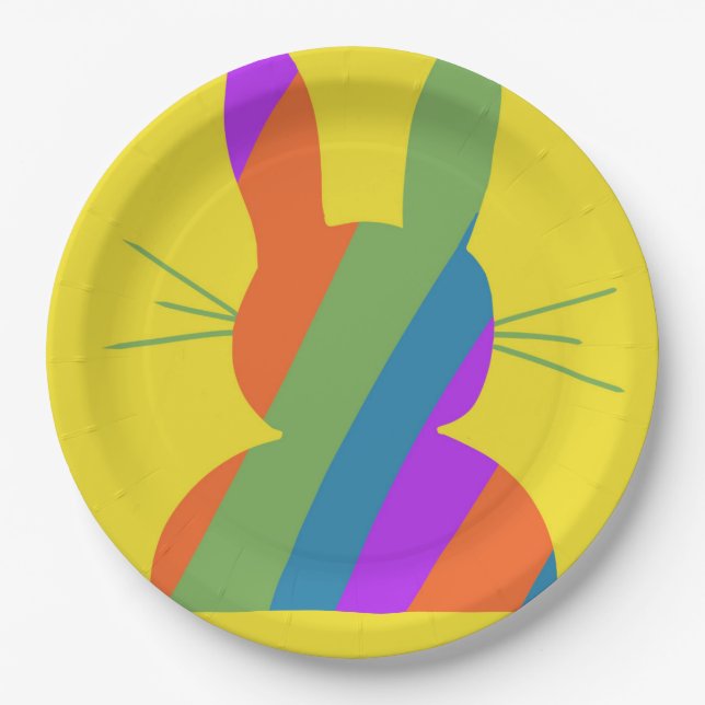 Plato De Papel Conejo de Pascua rayado con arco iris (Anverso)