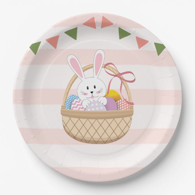 Plato De Papel Conejo De Pascua Rosado Y Blanco (Anverso)