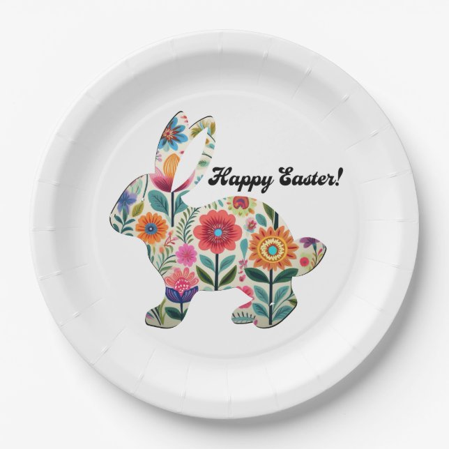 Plato De Papel Conejo de Pascua Silueta Personalizable con Flores (Anverso)
