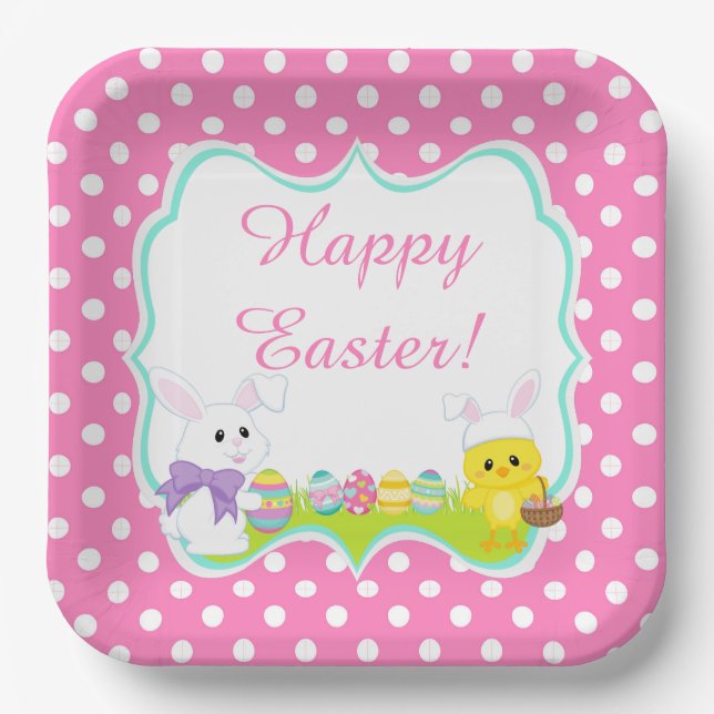 Plato De Papel Conejo de Pascua y caza de huevos de pascua de pol (Anverso)