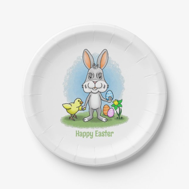 Plato De Papel conejo de Pascua y el Pollo Amarillo (Anverso)