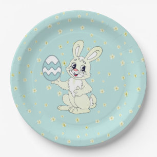 Plato De Papel Conejo de Pascua y patrón de flores en azul claro