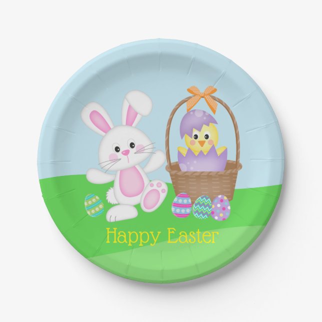 Plato De Papel Conejo de Pascua y pollito bebé (Anverso)