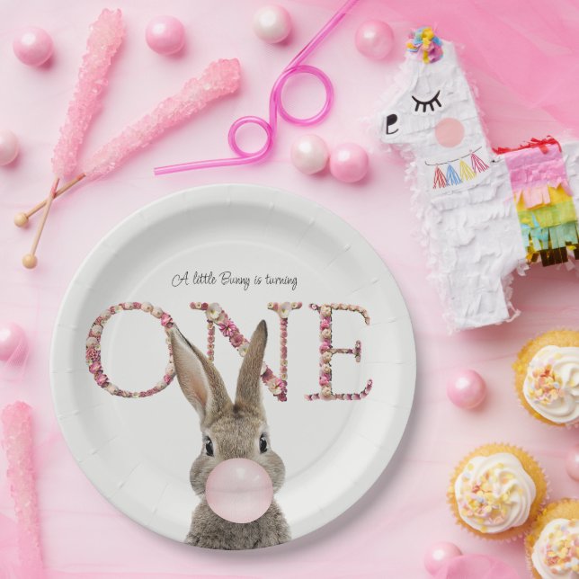 Plato De Papel Conejo de primer cumpleaños soplando chicle rosa (Fiesta)