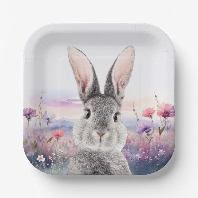 Plato De Papel Conejo en un campo de flores silvestres (Anverso)
