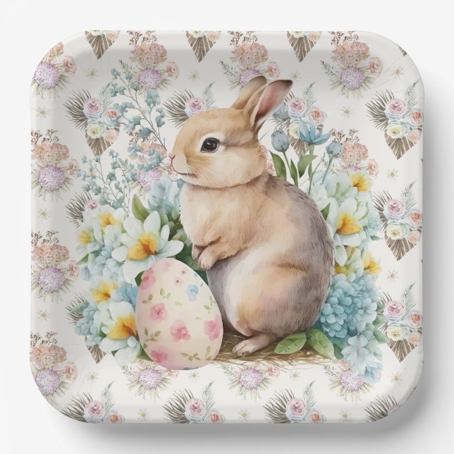 Plato De Papel Conejo Floral de Pascua (Anverso)