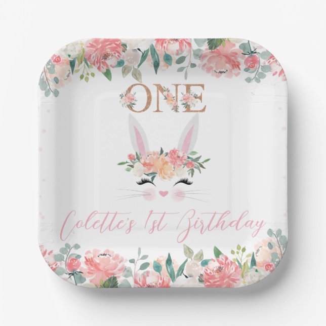 Plato De Papel Conejo floral enfrenta a un conejo el primer cumpl (Anverso)