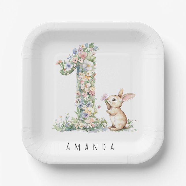 Plato De Papel Conejo Floral para el Primer Cumpleaños (Anverso)