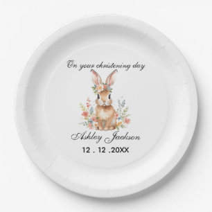 Plato De Papel Conejo floral rosa Bautizo personalizado 