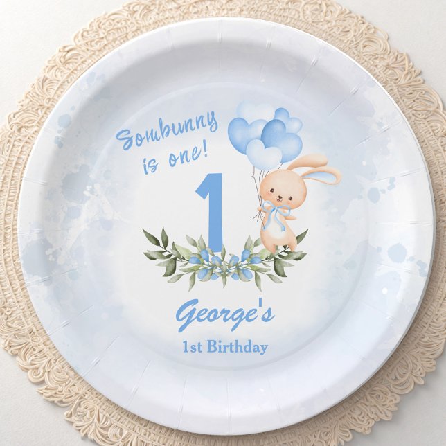 Plato De Papel Conejo lindo Azul primer cumpleaños primavera (Cute Bunny Blue 1st Birthday Boy Spring Paper Plates)