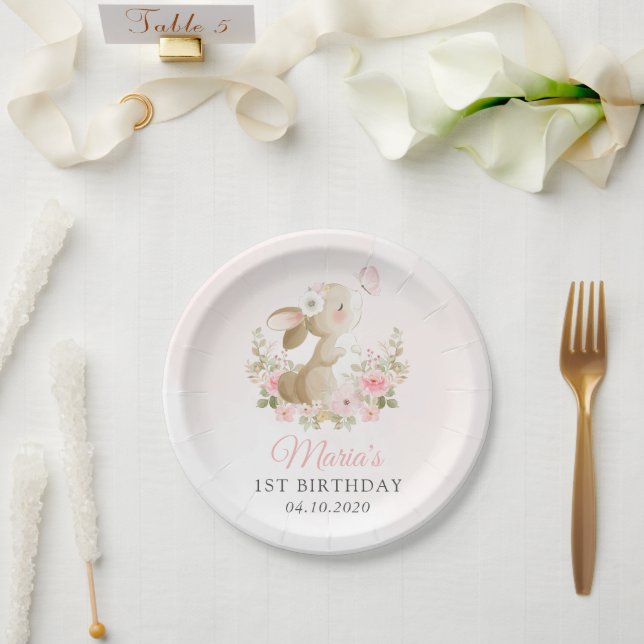 Plato De Papel Conejo, Mariposa, Flores Rosadas, Primer Cumpleaño (Boda)