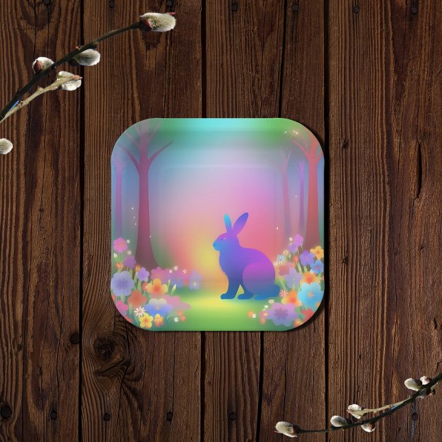 Plato De Papel Conejo místico en el bosque de primavera (Subido por el creador)