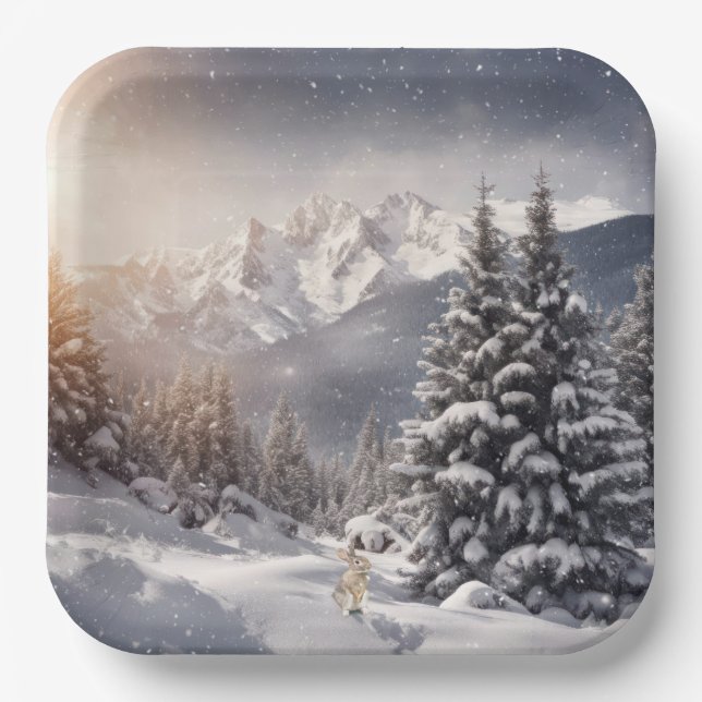 Plato De Papel Conejo navidad En Copos De Nieve (Anverso)