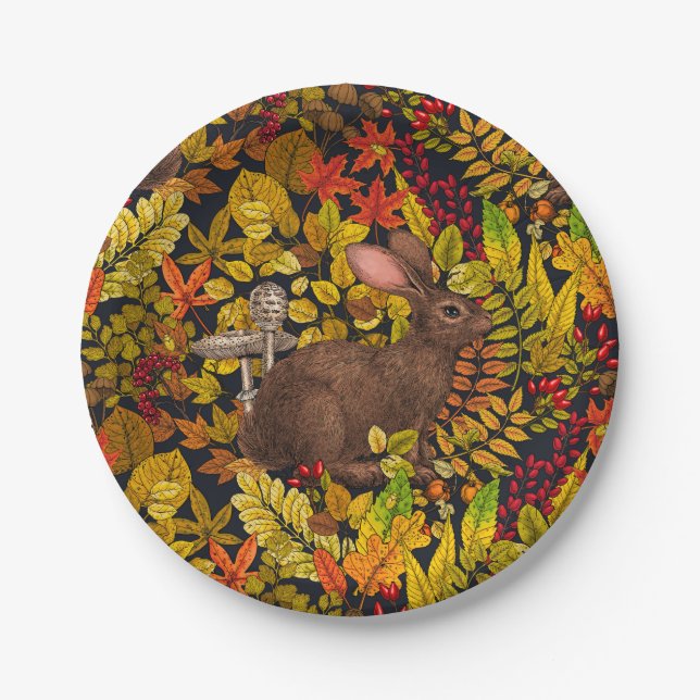 Plato De Papel Conejo otoñal sobre negro (Anverso)
