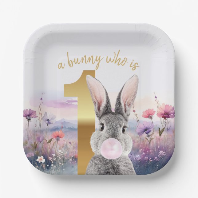 Plato De Papel Conejo primer cumpleaños chispa rosa (Anverso)