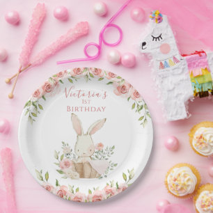 Plato De Papel Conejo rosa lindo 1 primer cumpleaños