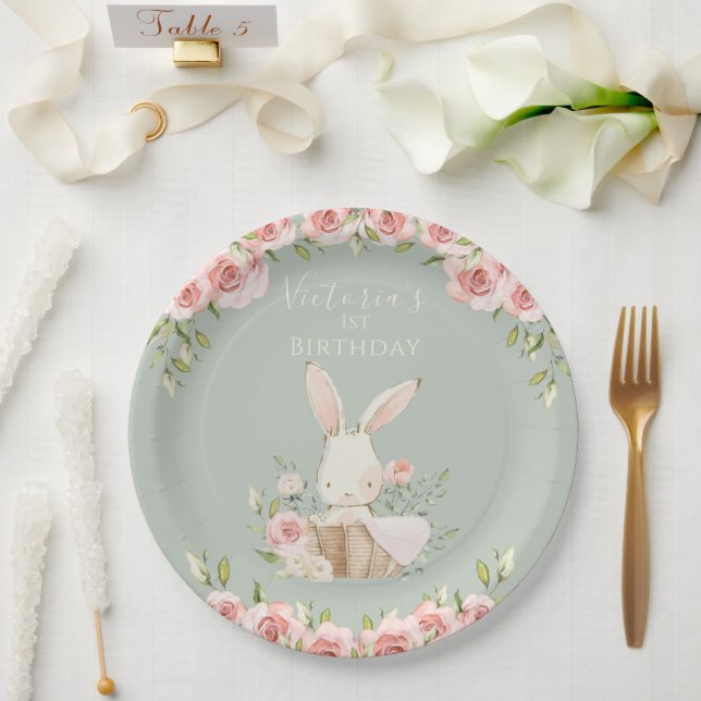 Plato De Papel Conejo rosa lindo 1 primer cumpleaños verde (Boda)