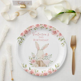 Plato De Papel Conejo rosa lindo 2 segundo cumpleaños