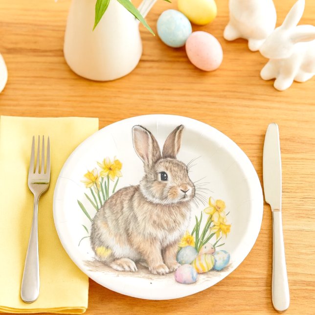 Plato De Papel Conejo salvaje con narcisos de Pascua  (Darling Easter bunny paper plate, perfect for your holiday gatherings )