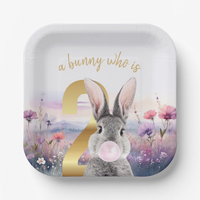 Plato De Papel Conejo Segundo cumpleaños, chicle rosado (Anverso)