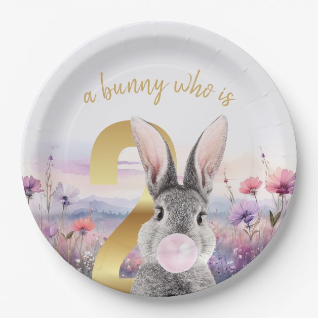Plato De Papel Conejo Segundo cumpleaños, chicle rosado (Anverso)