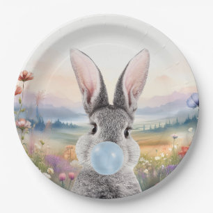 Plato De Papel Conejo soplando chicle azul con flores silvestres