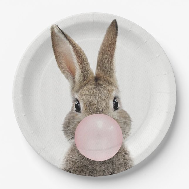 Plato De Papel Conejo soplando chicle rosa (Anverso)