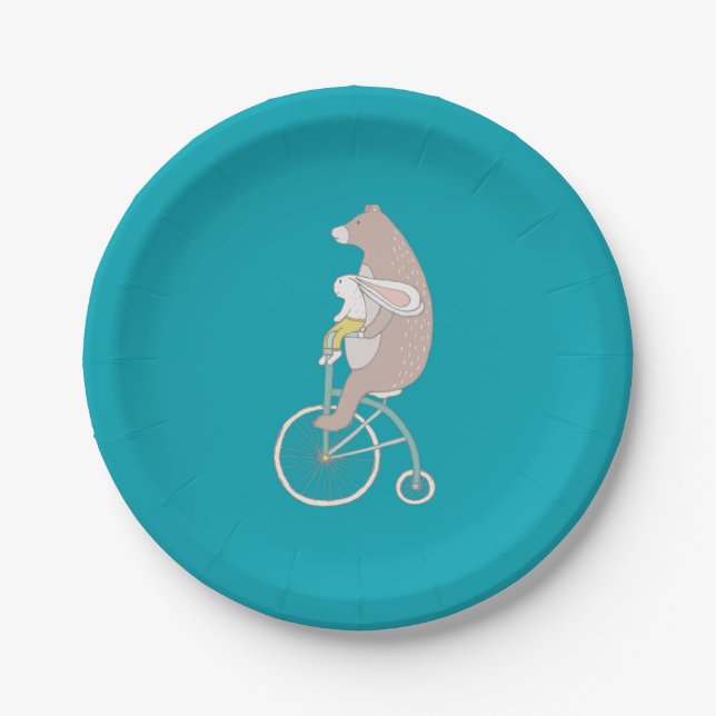 Plato De Papel Conejo y oso caprichosos montando una bicicleta (Anverso)