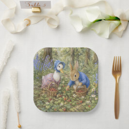 Plato De Papel Conejo y pato clásico recogiendo fresas silvestres