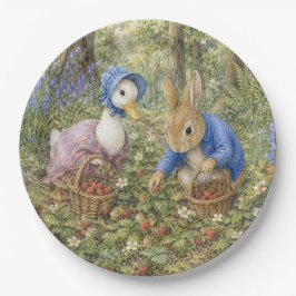 Plato De Papel Conejo y pato clásico recogiendo fresas silvestres