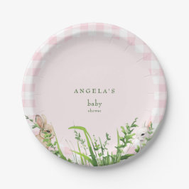 Plato De Papel Conejos cortos rosados Gingham Baby Shower