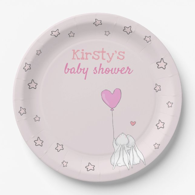 Plato De Papel Conejos Cubiertos - Baby Shower Rosa (Anverso)
