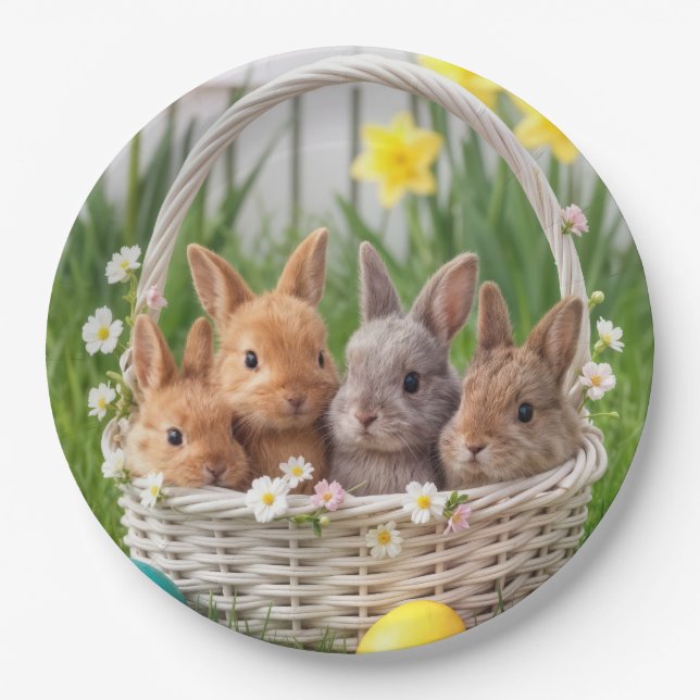 Plato De Papel Conejos de Pascua en una cesta de mimbre (Anverso)