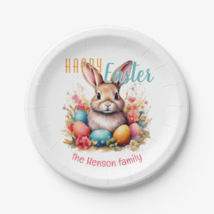 Plato De Papel Conejos de Pascua Feliz Personalizados Huevos Fami