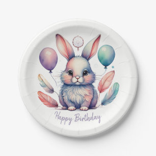 Plato De Papel Conejos Globos Cumpleaños Acuarela Bonito Conejito