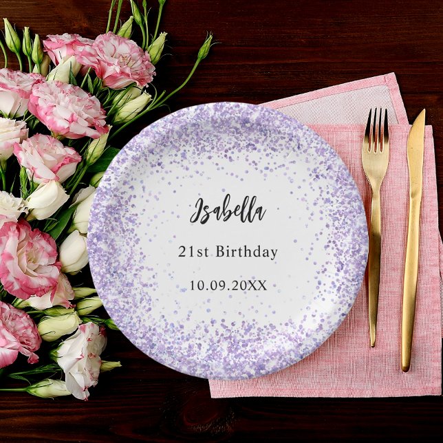 Plato De Papel Confeti blanco violeta de cumpleaños (Subido por el creador)