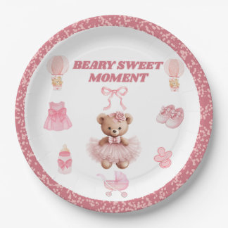 PLATO DE PAPEL CONFETI ROSA BLANCO REDONDO 9" OSO NIÑA BABY SHOWE