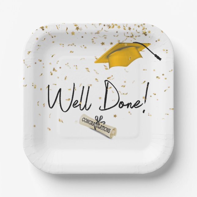 Plato De Papel Confetti De Graduación Bien Hecho Con Tapón De Oro (Anverso)