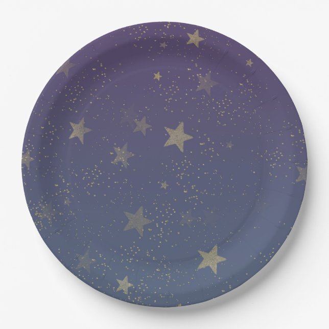 Plato De Papel Confetti de las Estrellas de Oro Morado (Anverso)