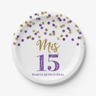Plato De Papel Confetti de oro morado mis 15 quinceanera