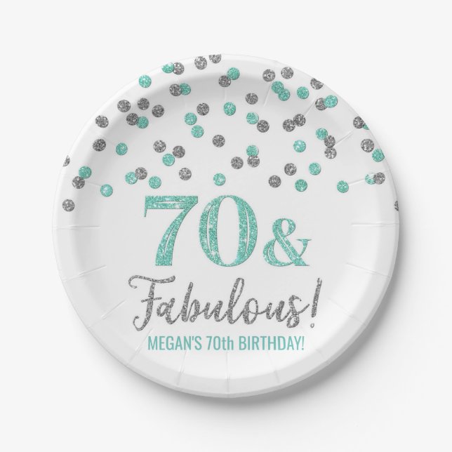 Plato De Papel Confetti de plata turquesa 70 y fabuloso cumpleaño (Anverso)