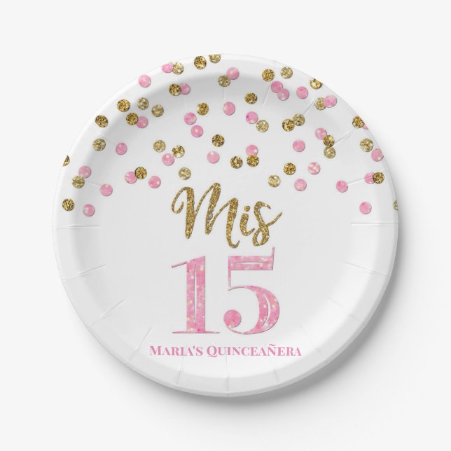 Plato De Papel Confetti dorado rosado mis 15 quinceanera (Anverso)