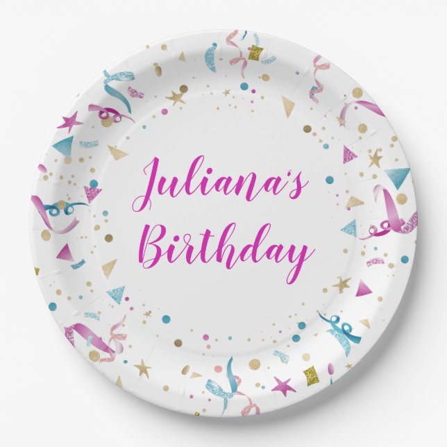Plato De Papel Confetti Fiesta Pink and Blue Sparkle Cumpleaños (Anverso)