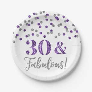 Plato De Papel Confetti morado plateado 30 y fabuloso