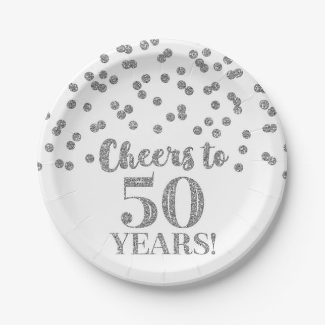 Plato De Papel Confetti plateado viaja a 50 años de cumpleaños (Anverso)