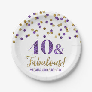 Plato De Papel Confetti Purple Gold 40 y fabuloso cumpleaños