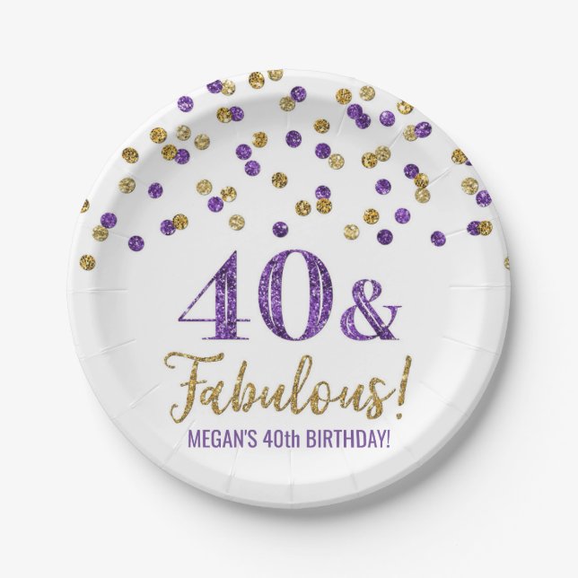 Plato De Papel Confetti Purple Gold 40 y fabuloso cumpleaños (Anverso)