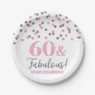 Plato De Papel Confetti rosado plateado 60 y fabuloso cumpleaños