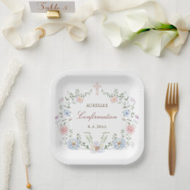 Plato De Papel Confirmación de marco floral elegante
